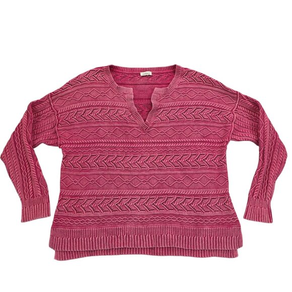 Sundance Boxy Cable Knit Sweater V-neck Drop Sleeve Split Side Hem Chunky Knit L - Picture 1 of 7